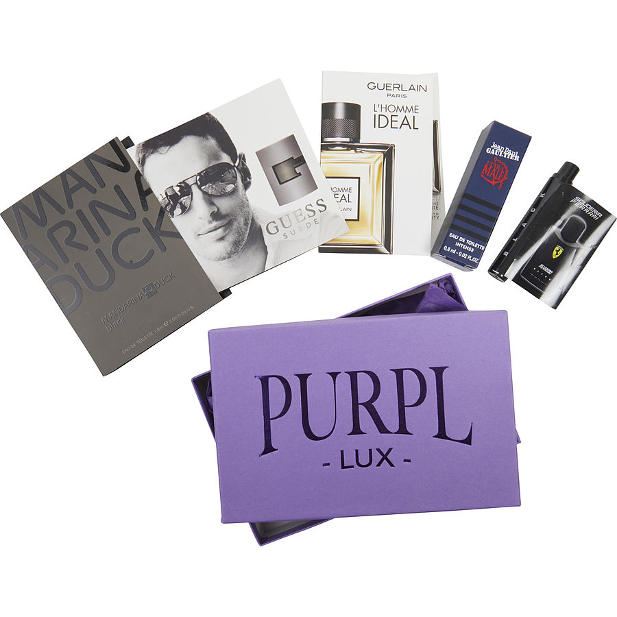 Purpl Lux Subscription Box For Men By  $jean Paul Gaultier Ultra Male - $guess Suede - $guerlain L'homme Ideal - $ferrari Scuderia Black - $mandarina Duck Black